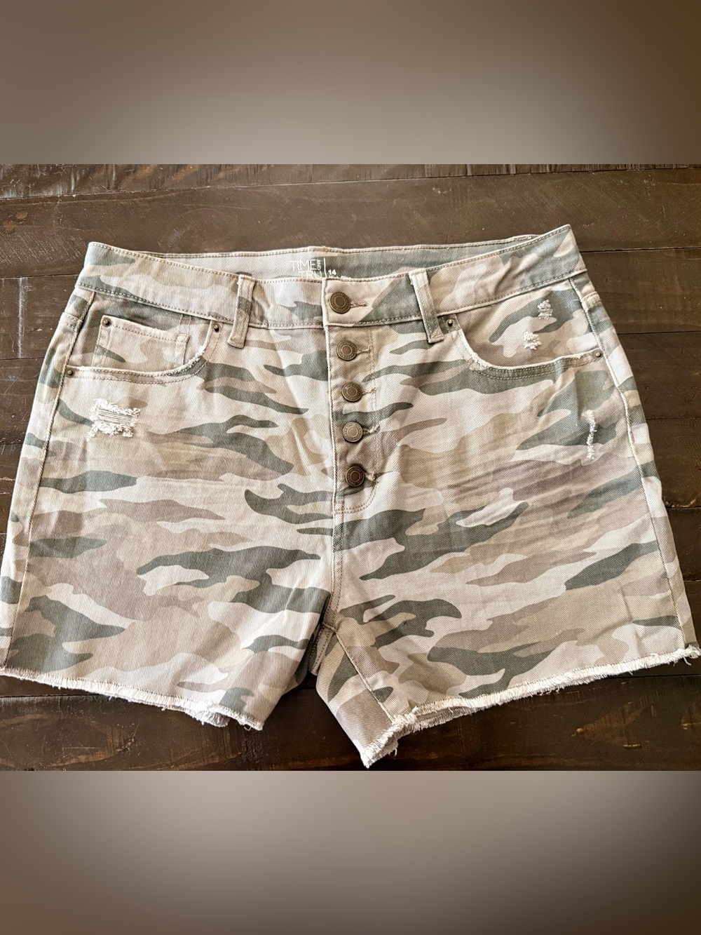 Time and Tru Green Camo High-Rise Button-Fly Denim Shorts - Women